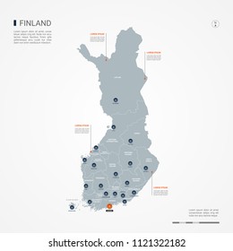 Finland map with borders, cities, capital Helsinki and administrative divisions. Infographic vector map. Editable layers clearly labeled.