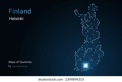 Finland Map with a capital of Helsinki Shown in a Microchip Pattern with processor. E-government. World Countries vector maps. Microchip Series