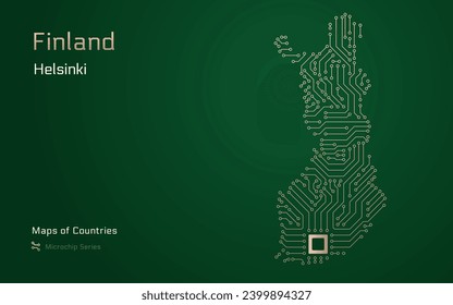 Finland Map with a capital of Helsinki Shown in a Microchip Pattern with processor. E-government. World Countries vector maps. Microchip Series