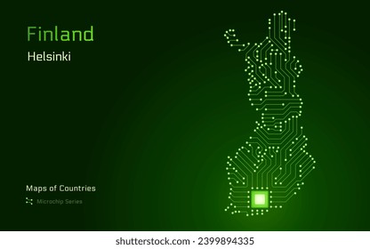 Finland Map with a capital of Helsinki Shown in a Microchip Pattern with processor. E-government. World Countries vector maps. Microchip Series