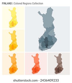 Finland map collection. Country shape with colored regions. Blue Grey, Yellow, Amber, Orange, Deep Orange, Brown color palettes. Border of Finland with provinces for your infographic.