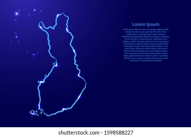 Finland map from the contour classic blue color brush lines different thickness and glowing stars on dark background. Vector illustration.