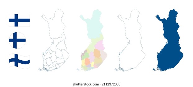 Finland map. Detailed blue outline and silhouette. Administrative divisions and counties. Country flag. Set of vector maps. All isolated on white background. Template for design.