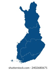 Finland map. Map of Finland divided into six main regions in blue color