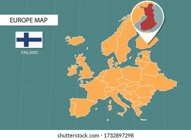 Finnland Karte in Europa Zoom-Version, Symbole zeigen Finnland Standort und Flaggen.