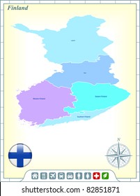 Finland Map with Flag Buttons and Assistance & Activates Icons Original Illustration