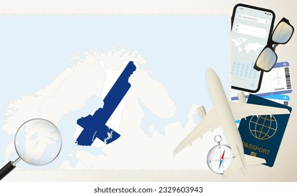 Mapa y bandera de Finlandia, avión de carga en el mapa detallado de Finlandia con bandera, pasaporte, lupa y avión. Plantilla de vectores.