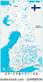 Finlandia Mapa y mapa iconos de estilo plano. Ilustración vectorial muy detallada del mapa.
