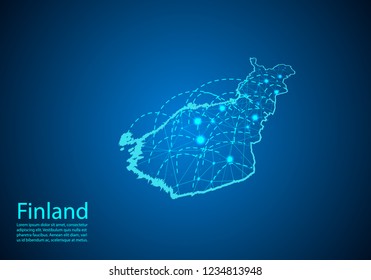 finland map with nodes linked by lines. concept of global communication and business. Dark finland map created from white dots with travel locations or internet connection.