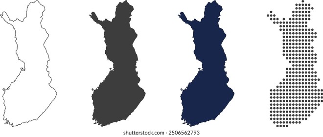 Mapa de Finlandia en contorno, color gris, color azul oscuro, estilo punteado