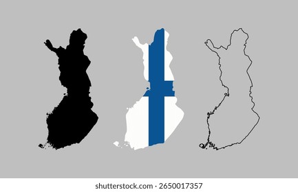 Mapa da Finlândia em estilo de contorno, cor preta, cor da versão da bandeira do país.