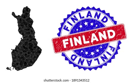 Finland map polygonal mesh with filled triangles, and scratched bicolor stamp seal. Triangle mosaic Finland map with triangular vector model, triangles have randomized sizes, and positions,