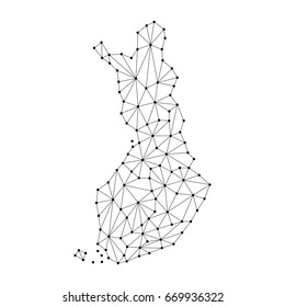 Finland map of polygonal mosaic lines network, rays and dots vector illustration.