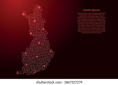 Finland map from red pattern of the maze grid and glowing space stars grid. Vector illustration.