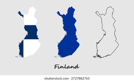 Conjunto de mapas de Finlandia. Mapa de bandera de Finlandia, azul y mapa de contorno. Vector de mapa de Finlandia sobre fondo gris