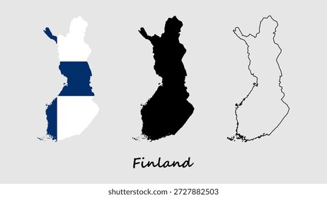 Finnland Kartensatz. Finnland Fahnenkarte, Silhouette und Umrisskarte. Finnland, Kartenvektor auf grauem Hintergrund