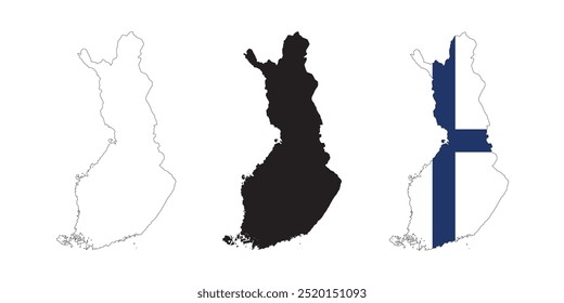 Mapa de Finlandia en varios estilos de contorno, icono, color negro, borde, colores de la bandera. Colección de iconos de país de Europa. Ilustración vectorial