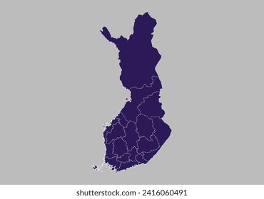 Mapa vectorial finlandés, color púrpura azul aislado en fondo gris.