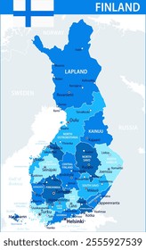 Finland Map Vector Blue Spot - Customizable layered political map of Finland with administrative divisions for website, education, reports, news, politics, print, poster and wallpaper