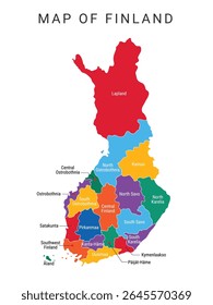 Mapa de Finlândia Ilustração vetorial com regiões, Mapa de vetor de cor da Finlândia, Desenho vetorial de mapa colorido, fronteira política Mapa de Finlândia com regiões, províncias. Regiões da Finlândia, eps 10