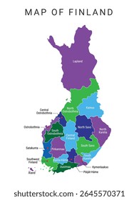 Mapa de Finlândia Ilustração vetorial com regiões, Mapa de vetor de cor da Finlândia, Desenho vetorial de mapa colorido, fronteira política Mapa de Finlândia com regiões, províncias. Regiões da Finlândia, eps 10