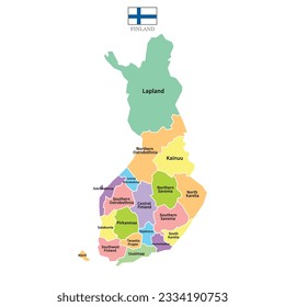 Finland maps background with regions, region names and cities in color, flag. Finland map isolated on white background. Vector illustration map europe