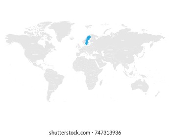 Finland marked by blue in grey World political map. Vector illustration.