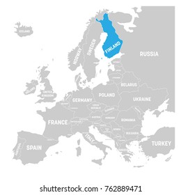 Finland marked by blue in grey political map of Europe. Vector illustration.