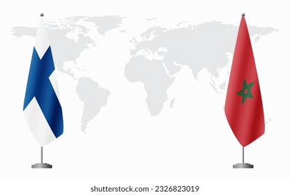 Finland and Morocco flags for official meeting against background of world map.