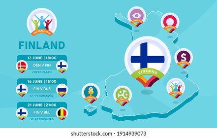 El equipo nacional finlandés coincide con la ilustración vectorial del mapa isométrico. infografía de la etapa final del torneo de fútbol 2020 e información del país. Colores y estilo oficiales del campeonato