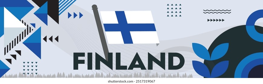 Finland national day banner with Finland flag colors theme background and geometric abstract retro modern design. Triangles Vector Illustration.