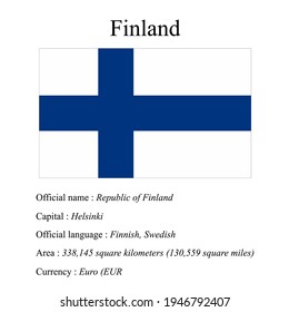 Finland national flag, country's official name, country area size, official language, capital and currency.