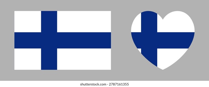 Finland national flag rectangular, heart icon, sticker. Set of Finland flag rectangle, heart badge, background. National sign. Flag of Finland button, banner.