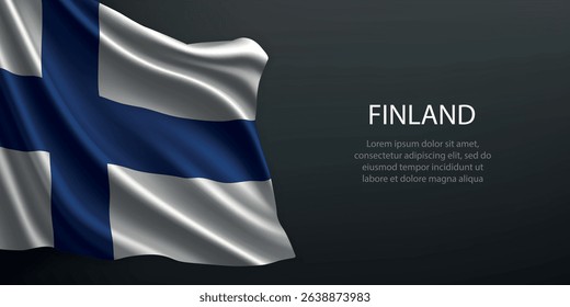 Finland national flag with ripples and shadows on a gradient black backdrop