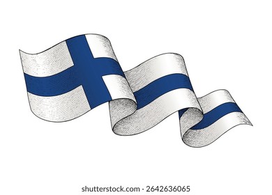 Finland national flag waving ribbon shape with engraved vintage texture