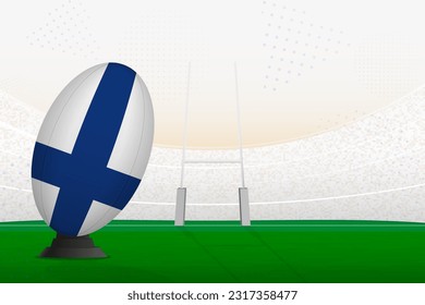 Finland national team rugby ball on rugby stadium and goal posts, preparing for a penalty or free kick. Vector illustration.