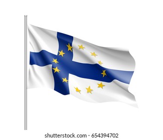 Finland national waving flag with a circle of European Union twelve gold stars, symbol of unity with EU, member since 1 January 1995. Realistic vector illustration