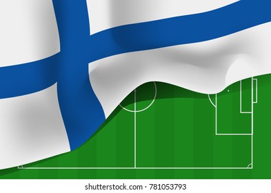 Finland national waving flag. Symbol of Suomi on football field background