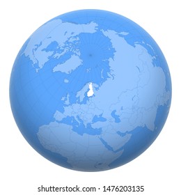 Finland on the globe. Earth centered at the location of the Republic of Finland. Map of Finland. Includes layer with capital cities.
