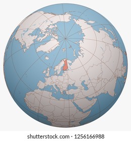 Finland on the globe. Earth hemisphere centered at the location of the Republic of Finland. Finland map.