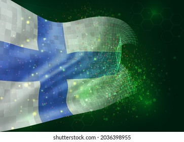 Finland, on vector 3d flag on green background with polygons and data numbers
