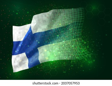 Finland, on vector 3d flag on green background with polygons and data numbers