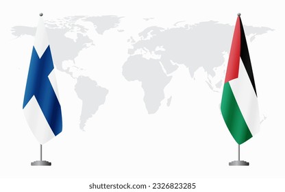 Finland and Palestine flags for official meeting against background of world map.