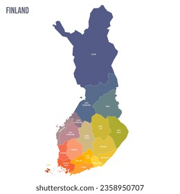 Finland political map of administrative divisions - regions and one autonomous region of Aland. Colorful spectrum political map with labels and country name.