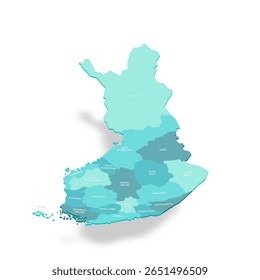 Mapa político finlandês de divisões administrativas - regiões e uma região autônoma de Aland. Mapa de vetor turquesa 3D com rótulos de nome.
