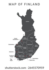 Finlândia Ilustração isolada do vetor do mapa político. Mapa de Finlândia com Regiões, Finlândia Mapa administrativo com Províncias. Vermelho, Azul, Verde, Cinza, simples Mapa de esboço Colorido, Regiões da Finlândia
