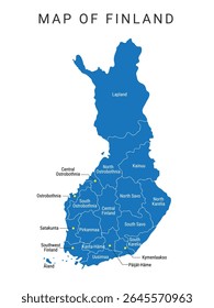 Finland Political map vector isolated illustration. Finland map with Regions, Finland Administrative map with Provinces. Red, Blue, Green, Grey, simple Colorful outline map, Regions of Finland