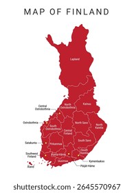 Finlândia Ilustração isolada do vetor do mapa político. Mapa de Finlândia com Regiões, Finlândia Mapa administrativo com Províncias. Vermelho, Azul, Verde, Cinza, simples Mapa de esboço Colorido, Regiões da Finlândia
