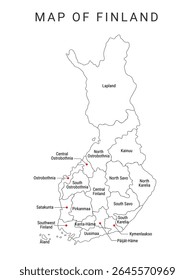 Finlândia Ilustração isolada do vetor do mapa político. Mapa de Finlândia com Regiões, Finlândia Mapa administrativo com Províncias. Vermelho, Azul, Verde, Cinza, simples Mapa de esboço Colorido, Regiões da Finlândia