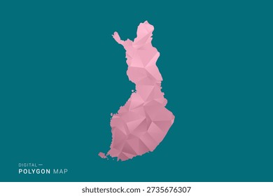 Finland polygon map vector illustration in low poly geometric style, soft pastel colors with pink and teal green tones, clean silhouette on solid background, ideal for infographic.